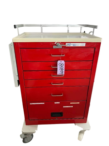 lot 16 image: MSRP $3000 Waterloo Uni-Cart 5-Drawer Medical Emergency Supply Crash Cart With Lever Lock, Collapsible Side Table, Flip Up Bottom Door,&nbspCardiac Board, IV Pole & Locking Wheels - Great Condition