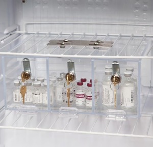 lot 56 image: MSRP $400 Lot of Compact Refrigerator Storage Key Lock Boxes - Acrylic Compact Units, Single Lock, Transparent - Great Condition
