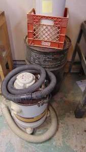 lot 13 image: Metal Barrel, Plastic Crate, Thick Metal Trashcan and Jet Vac Wet and Dry Vacuum