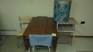 lot 45 image: Vintage Dropside Table with 2 Chairs, Large Vintage Tin and Kitchen Cart
