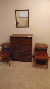 lot 48 image: 2-Vintage Side Tables, 4 Drawer Chest and Mirror