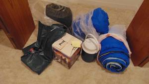 lot 52 image: Camping Lot- 3 Sleeping Bags, Water Jug, Air Mattress and Lantern
