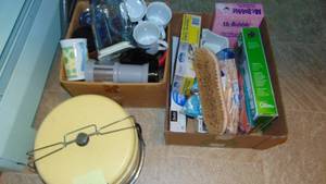 lot 63 image: Cleaning Supplies, Vintage Cake Carrier, Mugs and Containers