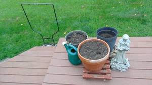 lot 93 image: 3 Large Planters, Watering Can, Gaarden Statue and Black Yard Frame
