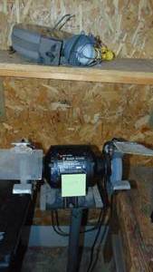lot 103 image: 6in Back and Decker Bench Grinder on Stand and Ceiling Pole Down Light