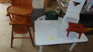 lot 113 image: Handcrafted Childs Table with 3 Chairs, Small Red Stool and Vintage Wood Highchair