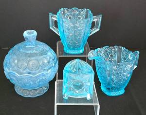 lot 65 image: Vintage LE Wright Moon & Stars Candy Dish, L.G. Wright Blue Daisy & Button Creamer and Sugar and More