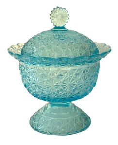 lot 21 image: Vintage Fenton Light Blue Daisy and Button Candy Dish, Fenton Glass, Trinket Dish