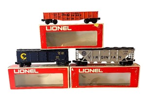 lot 82 image: Lionel Virginian Hopper, Rio Grande Gondola and Chessie Double Door Box Car