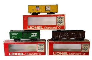 lot 92 image: Lionel Burlington Northern Box Car, Union Pacific Coal Car and Union Pacific Box Car