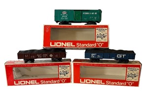 lot 100 image: Lionel Standard O Freight Cars Lot Southern Pacific Gondola, Grand Trunk Western Gondola and New York Central Box Car