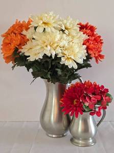 lot 143 image: Pair of Ethan Allen Pewter Pitchers with Faux Floral Displays