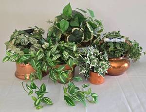lot 178 image: Faux Foliage Decor in Brass, Copper & Terra Cotta Planters