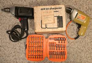 lot 183 image: Pair of Power Drills, Bit Sharpener & Drill Bits