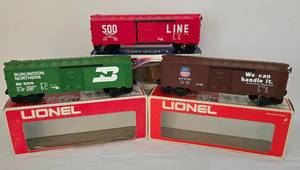 lot 251 image: Electric Lionel Train Cars including Model 6-9755 Union Pacific Box Car