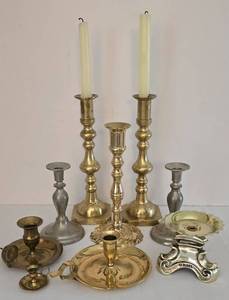 lot 254 image: Diverse Brass & Silver Toned Candleholder Selection