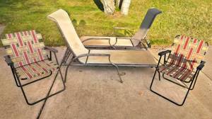 lot 293 image: Chaise Lounge Chair, Webbed Lawn Chair & Chair Cushion Collection