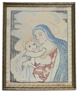 lot 149 image: Framed Madonna & Child Needlepoint Under Glass