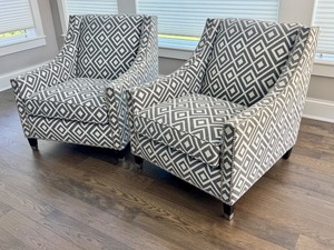 lot 13 image: Pair of Bernhardt Interiors Palisades Arm Chairs with Geometric Upholstery