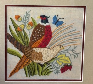 lot 15A image: Framed Embroidery Artwork with Pheasants and Butterfly
