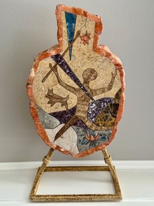 lot 29 image: Southwest Style Mosaic Stone Vase Art on Metal Stand