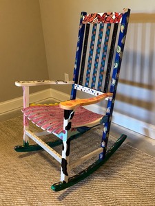 lot 46 image: Hand-Painted Wooden Rocking Chair with Colorful Art Motif