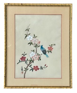 lot 51 image: Framed Asian Silk Artwork with Blue Bird and Flowers