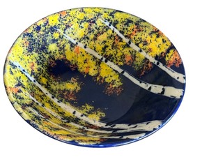 lot 59 image: Handmade Art Pottery Bowl with Blue and Yellow Tree Motif, Signed, 12 Inch