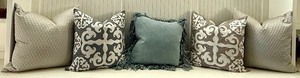 lot 60 image: Set of 5 Decorative Throw Pillows in Blue, Gray, and Silver Designs, 22 Inch