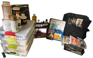lot 19 image: Large Mixed Art Supplies Collection with Brushes, Paints, and Drawing Materials