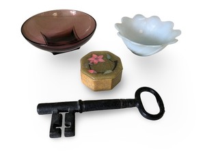 lot 105 image: Vintage Collection with Iron Skeleton Key, Trinket Box, and Glass Bowls
