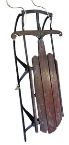 lot 25 image: Vintage Wooden and Metal Snow Sled with Rope Pull