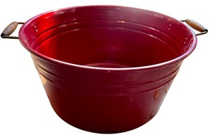 lot 35 image: Pottery Barn Red Metal Tub with Wooden Handles
