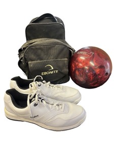 lot 125 image: Bowling Set with Dexter Size 8.5 Shoes, Ebonite Bag, and Red Swirl Bowling Ball