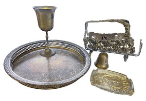 lot 171 image: Vintage Brass Decorative Tableware Lot - Tray, Goblet, Bell, Sun Dish, Holder