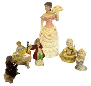 lot 190 image: Collection of 6 Porcelain Figurines Including Musicians, Lady, and Angels