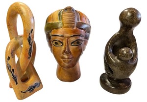 lot 199 image: Set of 3 Handcrafted African Stone and Wood Art Sculptures