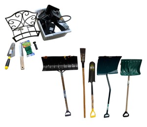 lot 169 image: Garden Tools and Outdoor Accessories Lot with Shovels, Hand Tools, and Metal Wall Shelf