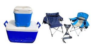 lot 124 image: Set of 2 Folding Camp Chairs and Tripod Stool with Carry Bag and 2 Coolers