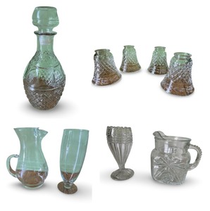 lot 110 image: Collection of Vintage Cut Glassware Including Decanter, Pitchers, and Shade Covers