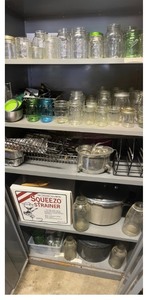 lot 98 image: Amazing Lot of Canning Jars, Pressure Cooker, Enameled Pot, Squeezo & Other Canning Accessories