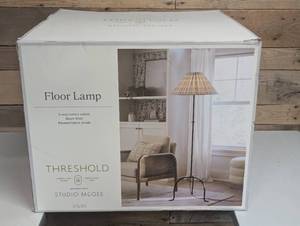 lot 41 image: Metal Floor Lamp with Green Pleated Plaid Shade - Threshold designed with Studio McGee ETL Listed, 62.5 Height