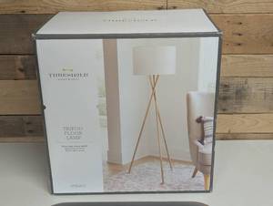 lot 59 image: 59x18.5 Modern Tripod Floor Lamp Natural - Threshold Linen Shade, Metal Body, ETL Listed, 3-Way Switch