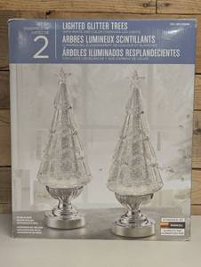 lot 30 image: Pair of 2 Lighted 14 Glitter Trees White and Color Changing Snowglobe Christmas