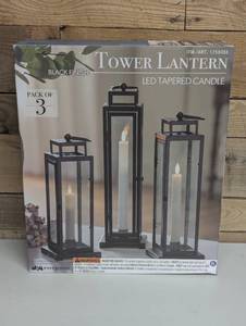 lot 35 image: Evergreen Tower Lantern, LED Tapered Candle Set 3-Pack in Black with Remote