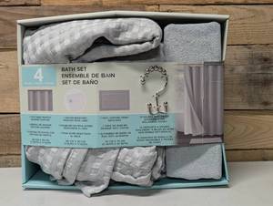 lot 162 image: 4-piece Bath Set - Textured Curtain, Frosted Liner, Terry Bath Mat, 12 Rust Free Hooks