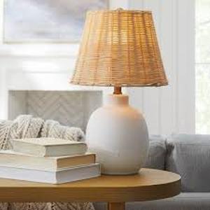 lot 190 image: 18.5x11 Ceramic Table Lamp with Rattan Shade White - Threshold designed with Studio McGee Nightstand Wicker Lighting