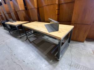 lot 8 image: Two Butcher Block Workbenches w No Shelves (584078 and 584079), Both Are On Working Casters