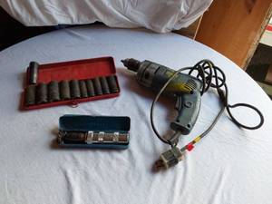 lot 12 image: Fastenal 12 Heavy Duty VSR Drill with Locking Plug (untested), Ludell Impact Driver, and Impact Sockets