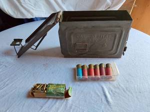 lot 19 image: Ammo Can, .22 Thunderbolt Ammo, and Shotgun Shells